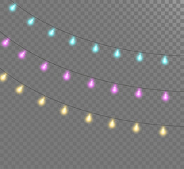 Christmas bright, beautiful lights, design elements. Glowing lights for design of Xmas greeting cards. Garlands, light Christmas decorations.