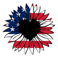 Heart shaped sunflower in the colors of the American flag, 4th of July, Independence day, vector illustration isolated on white background