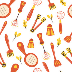 Seamless pattern with kitchen tools. Cooking utensils background. Pattern with kitchen accessories, equipment, utensils. Background for restaurant, menu, textile, wallpapers. Vector illustration.