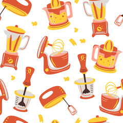 Seamless pattern with kitchen appliances. Household cooking tools - Mixer, Juicer, Blender. Household appliances for the kitchen. Background for restaurant, menu, textile, wallpapers. Vector