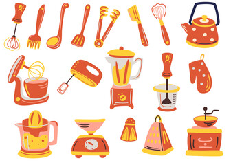 Fototapeta na wymiar Big Kitchen utensil set. Tools and accessories for cooking, baking, frying. Whisk, cutlery, salt, teapot, spatulas, juicer, coffee grinder, mixer, scale. Vector flat illustration For Cooking.
