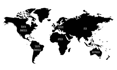 Black and white  illustrated map of the world with continents for preschoolers, schoolchildren, home schooling.