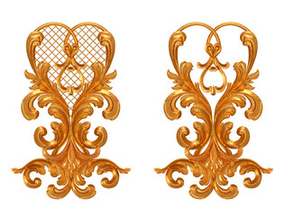 Golden openwork relief, stucco molding, curls, decorative ornament, arabesque element, classic architectural detail, 3D rendering, isolated