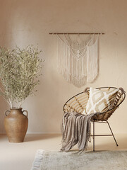 3d bohemian interior with boho macrame wall hanging decor and a round rattan chair with ikat cushion