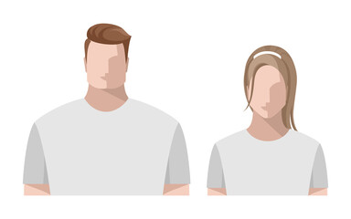 A young woman and a man with fair skin in white T-shirts, color portraits in a flat style, icons, badges, avatars. Isolated vector illustration