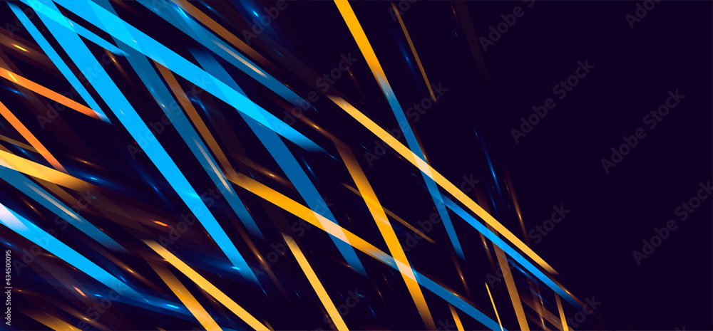 Poster blue and yellow flares of light forming abstract texture of striped rays in random movement