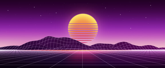 Retro 80's futuristic background with sunset and grid, Abstract Sci-fi concept. 3d rendering.