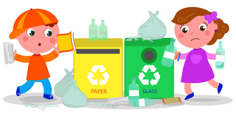 Boy and girl recycling in paper and glass bin, but its all full of waste. Vector illustration.