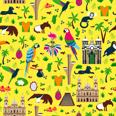 Seamless pattern Brazilian wild animals, plant, decorative landmark, cute symbols, vector illustration isolated on colorful backround, South America fauna, exotic backdrop for design wallpaper