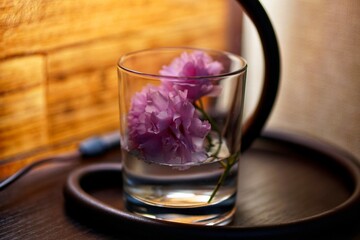 Glass of water on the table. Glass of water flowers. Glass of water. Sakura with glass.