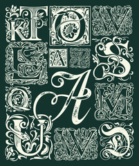 Vector set of ornate initial letters with vintage baroque ornamentation. Hand-drawn capital letters on a dark background. Beautiful uppercase letters to use for monogram, logo,emblem, card, invitation