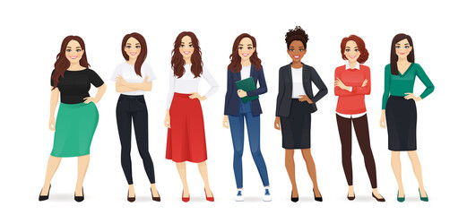 Group of different elegant casual business women standing isolated vector illustration