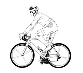 a young athlete on a bicycle rides forward, hand-drawn by liner