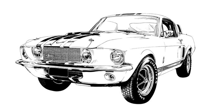 Ford Mustang 1967 Shelby, sport vehicle drawn in ink by hand on a white background
