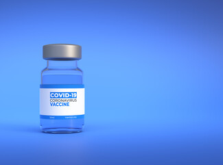 Transparent glass bottles for Covid-19 coronavirus vaccine and other viruses on a blue background. Immunization and vaccination. Copy space. Medical concept. 3d rendering illustration