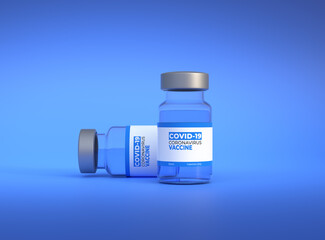 Transparent glass bottles for Covid-19 coronavirus vaccine and other viruses on a blue background. Immunization and vaccination. Copy space. Medical concept. 3d rendering illustration