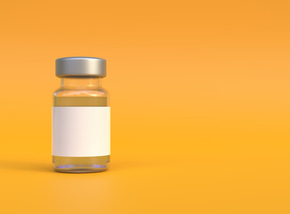 Transparent glass bottle for Covid-19 coronavirus vaccine and other viruses on a yellow background. Immunization and vaccination. Copy space. Medical concept. 3d rendering illustration