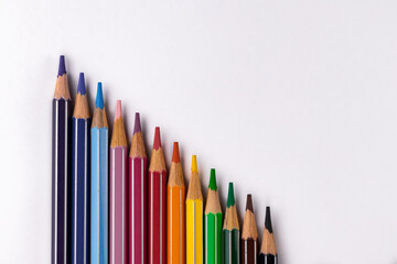 Top close up shot of pencil colors placed on white background and copy space -Art and Craft concept.