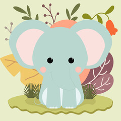 Cute elephant poster and merchandising with leaves background.