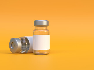 Transparent glass bottles for Covid-19 coronavirus vaccine and other viruses on a yellow background. Immunization and vaccination. Copy space. Medical concept. 3d rendering illustration