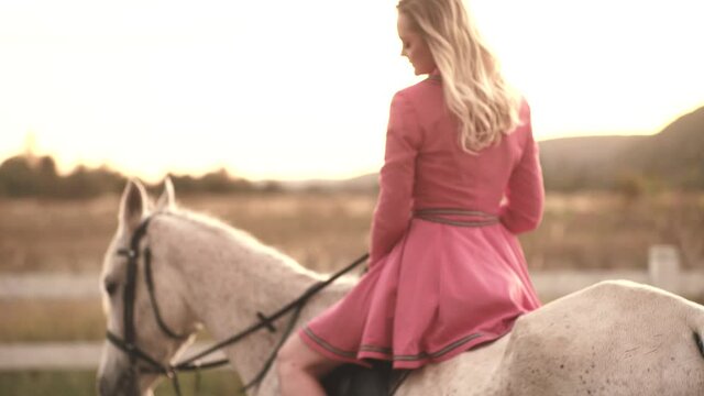 Woman horse ride. Contryside. Girl walking on ranch with horses.