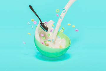 bowl with splashes of milk and cereal falling