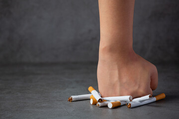 womanan hand holding and destroy cigarettes on the dark background.World no Tobacco day concept.