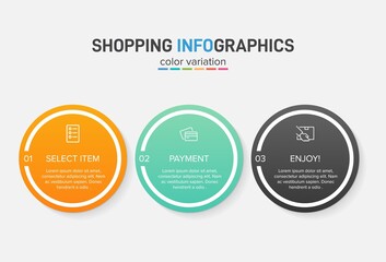 Concept of shopping process with 3 successive steps. Three colorful graphic elements. Timeline design for brochure, presentation, web site. Infographic design layout.