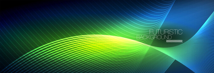 Abstract neon glowing light in the dark with waves. Shiny magic energy and motion concept, vector abstract wallpaper background