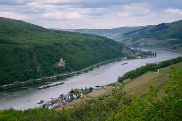 Fototapeta premium Aerial photography of the turn of the Rhine Valley in Germany, with the small towns and castles on both sides