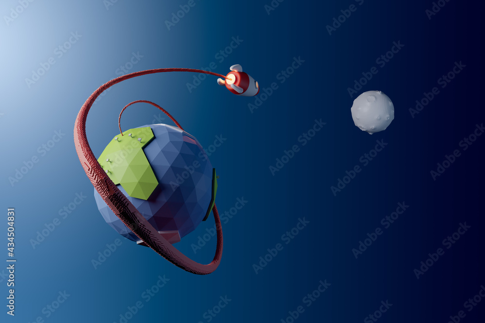 Sticker cartoon 3d rocket launch from the earth towards the moon. spaceship heading towards its final goal. 