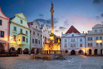 Cesky Krumlov. Cityscape image of main square of Cesky Krumlov with traditional architecture at...