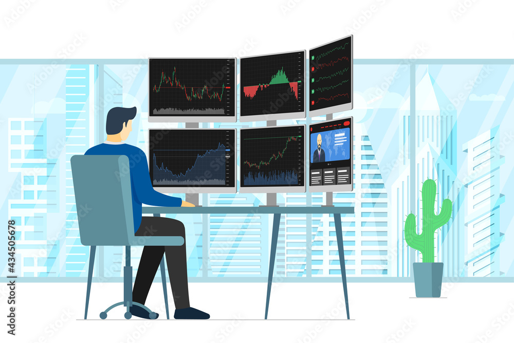Poster stock market male trader in office looking at multiple computer screens with financial charts, diagr