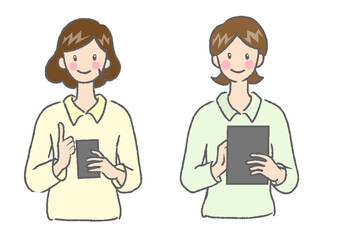スマートフォンを操作する女性　タブレットを操作する女性