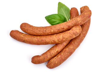 Smoked sausages, isolated on white background. High resolution image.