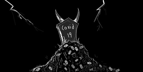 Minimal Line drawing cartoon/ illustration of corona virus portrayed as a devil and skulls and thunder with it signifying the mortality and death,  Monochromatic art for Covid-19, corona virus 