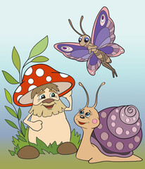Vector illustration of Cartoon  mushroom with eyes and hands, snail, butterfly.