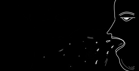 Abstract line drawing minimal art illustration conceptual sketch showing a man sneezing and spreading virus in form of droplets, symptoms - Corona virus, covid-19 contamination 