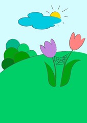 Cartoon drawing of a meadow (field). Summer (spring) landscape in warm sunny weather. Background page for insect world stickers. Vector illustration