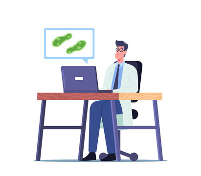 Scientist Male Character Working on Laptop Reading Information and Learning Protozoa Unicellular Paramecium Caudatum