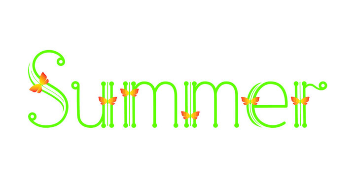 Summer. Green handwritten word with butterfly. Isolated on white background line art style illustration.