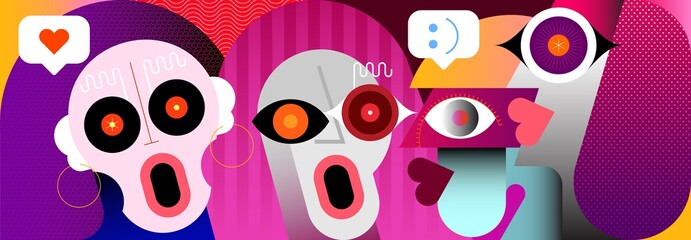 Short love story. Two women in love and two calm men. Modern art close-up vector portrait of four people faces. 