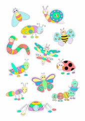 Set of cartoon stickers insect world, 12 elements: butterfly, caterpillar, grasshopper, dragonfly, bee, worm, ladybug, beetle, ant, spider, fly, snail. Vector illustration.