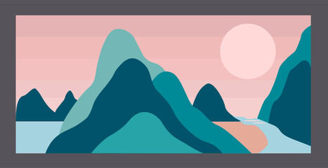 Abstract vector minimalist landscape. Nature, sky, sun, river, sea, rock mountain landscape poster. Geometric landscape background.