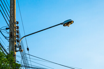 An old electric wooden pole with a lamp and electricity cables hanging on. Natural light.