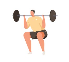 Fototapeta na wymiar Strong man with bending knees doing high bar squat, lifting barbell. Strength exercise with added weight. Weightlifter's workout. Colored flat vector illustration isolated on white background