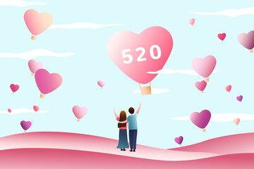 520 Valentines day illustration. Lovers waving to pink heart shaped hot air balloons in the sky.
