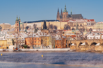 prague, city, architecture, castle, europe, bridge, czech, town, river, cityscape, travel, church, old, panorama, building, charles, view, tower, czech republic, cathedral, republic, winter, snow.