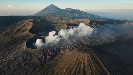 Drone view of Mount Gunung Bromo volcano in East Java, Indonesia. Mount Bromo is active volcano in...