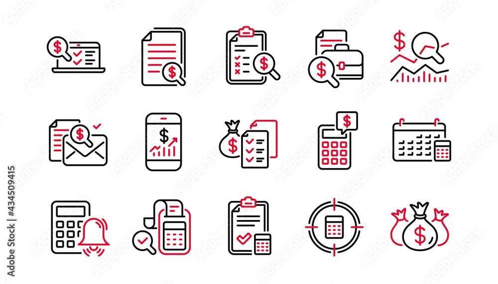 Poster accounting line icons. report, calculator and checklist. money linear icon set. linear set. quality 